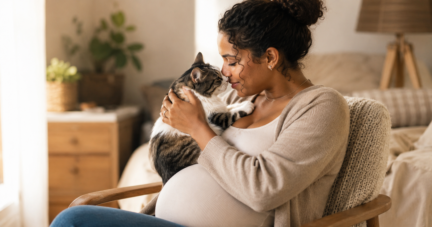 Uma mulher grávida em casa, com o seu gato no colo bem pertinho do rosto, clima afetuoso e cotidiano - prevenir a toxoplasmose.